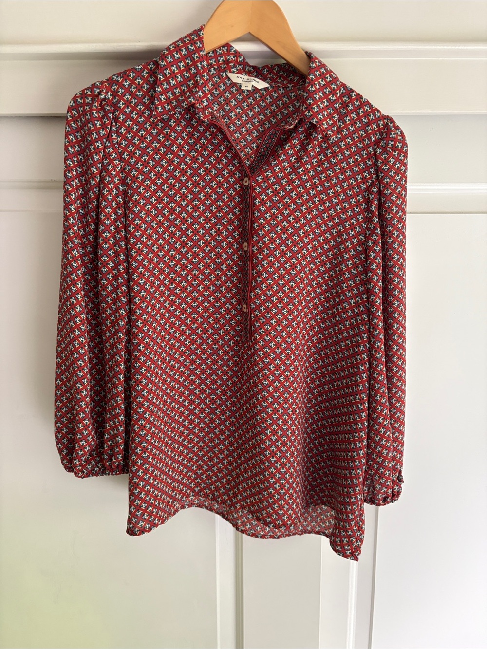Max Studio Red Geometric Button-Front Blouse